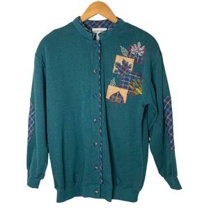 VTG Alfred Dunner Fall Leaf Button Down Cardigan Sweater w/ Elbow Patches M